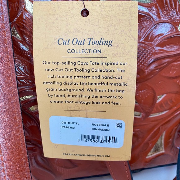 NWT Patricia Nash Rosedale Tote Cinnamon Burnished Tooled Leather Cutouts Large - Picture 3 of 11